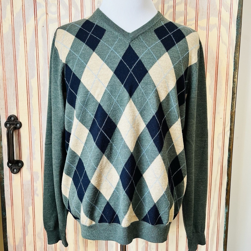 Brooks Brothers 346 Merino Wool Argyle V-Neck Sweater Green Preppy Size L